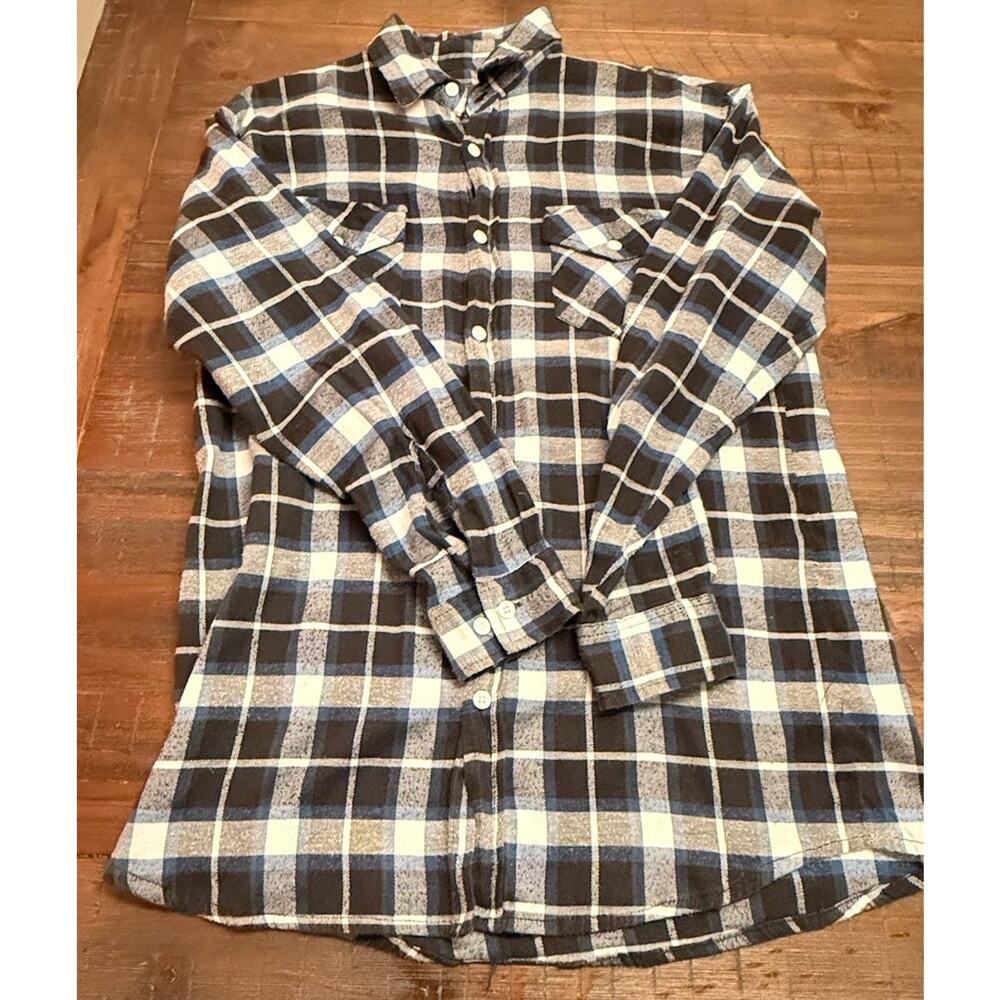 Woodland Creek Men’s L Flannel Shirt Blue Black Plaid Long Sleeve
